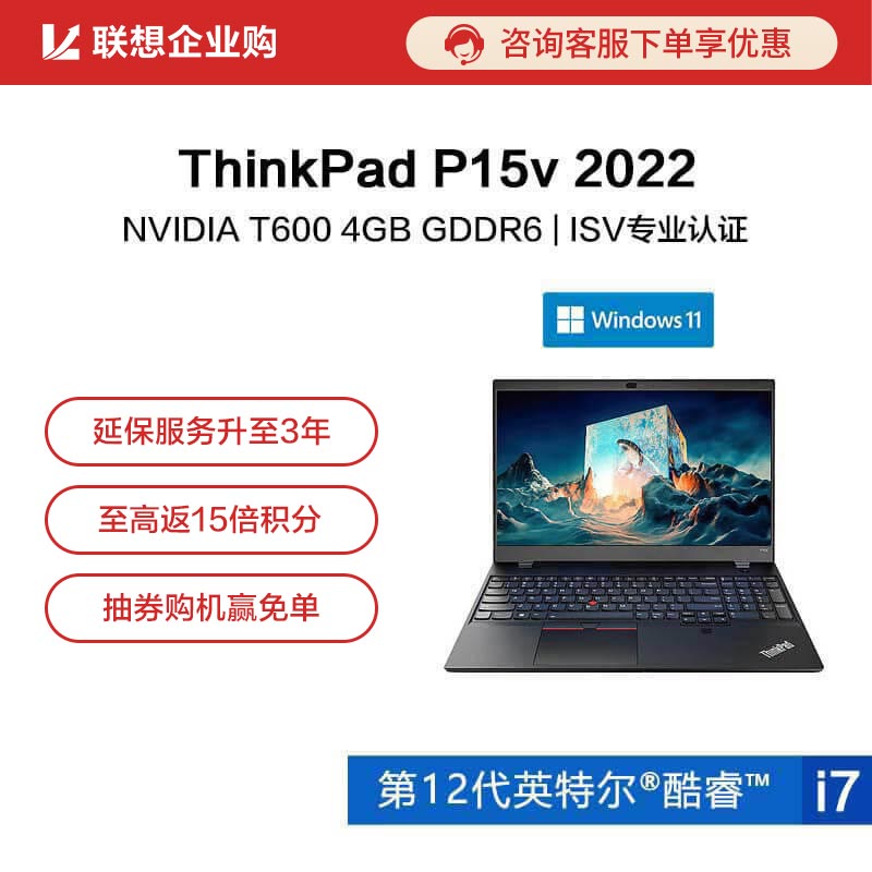 【企业购】ThinkPad P15v 2022英特尔酷睿i7创意设计笔记本 09CD